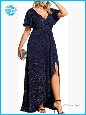 Glitter Plus Size Formal Dress V-Neck Short Sleeve A-Line High Low Evening Gown